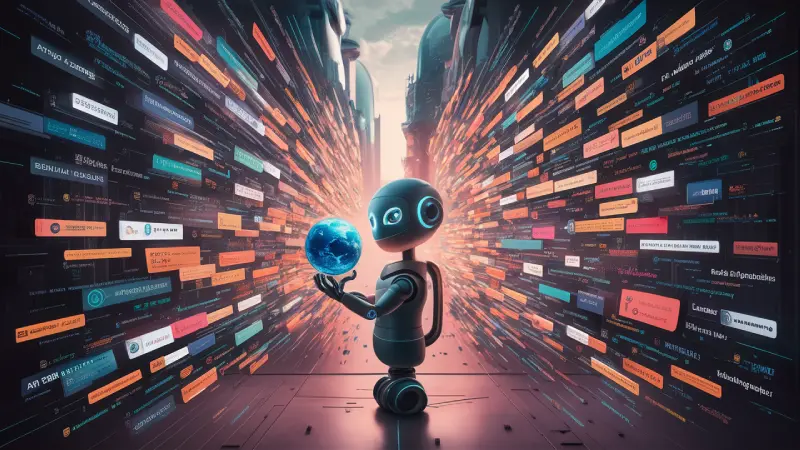 AI in Graphic Design. A charming robot with large eyes and a spherical body, holding a glowing blue globe, amidst floating digital screens and a futuristic cityscape under an orange sky