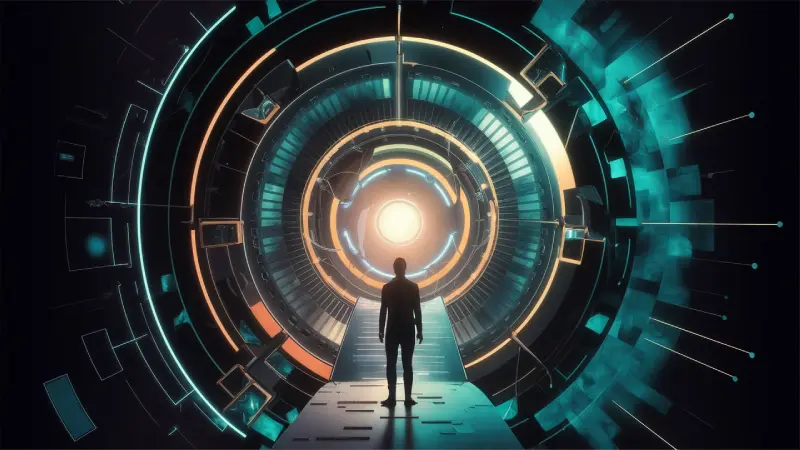 AI in Graphic Design. A person stands at the threshold of a futuristic, circular tunnel bathed in vibrant lights, evoking a sense of embarking on a journey through a high-tech portal to another dimension.