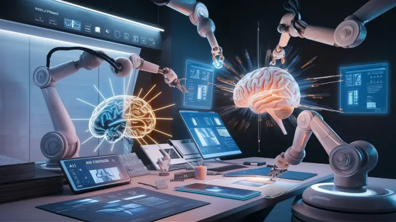AI in Graphic Design .A high-tech laboratory scene with two robotic arms analyzing holographic displays of human brains, surrounded by screens and devices on a desk in a dimly lit room.