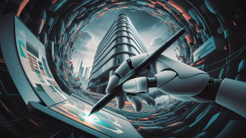 AI in Graphic Design .A futuristic scene with a robotic hand interacting with a holographic interface, surrounded by a circular array of skyscrapers and digital elements, depicting advanced technology and innovation.