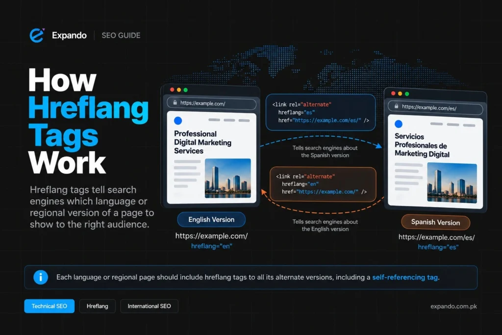 How hreflang tags connect English and Spanish versions of a webpage