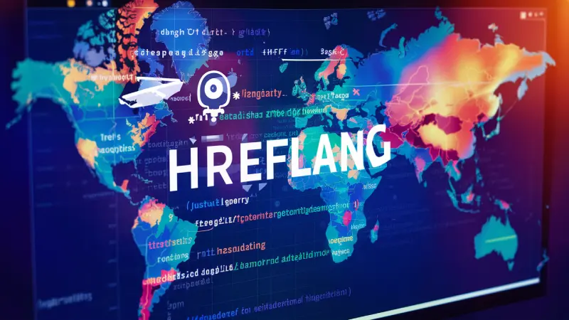 Hreflang Alternatives. A vibrant digital world map highlighting global connectivity with a focus on North America, where a magnifying glass icon hovers over the United States. The map is adorned with code snippets and the term ‘HREFLANG’ prominently displayed at the center, suggesting themes of international SEO and web development.