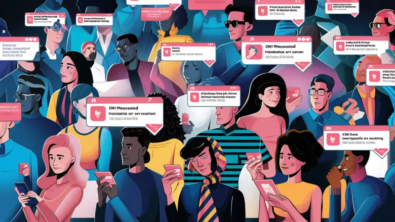 The image is a vibrant illustration that depicts a diverse group of people engaged with their smartphones. They are surrounded by speech bubbles showing text messages, suggesting a scene of active digital communication.