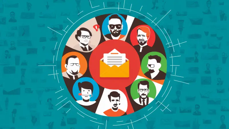 Email & SMS Marketing. The image is a graphic illustration that represents professional networking and communication. The central focus is a large yellow envelope icon, symbolizing email or messaging, which is surrounded by a series of circular avatars depicting various professionals.