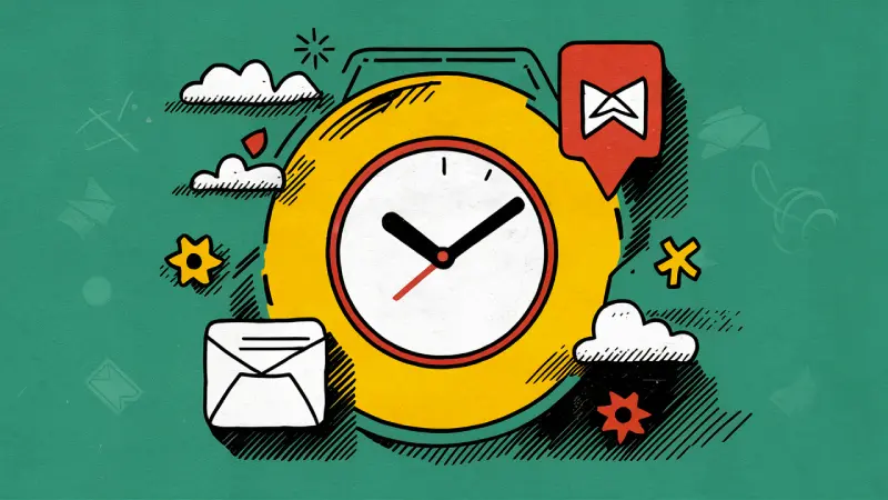 Email & SMS Marketing . The image features a whimsical illustration with a large yellow clock at the center, indicating approximately 10:10. To the left, there’s a closed envelope icon, and to the right, within a red-outlined speech bubble, is another envelope icon.