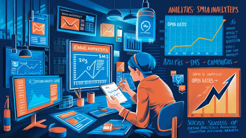 The image portrays a person in a blue-toned workspace, deeply engaged in analyzing data related to email and SMS marketing campaigns. The workspace is equipped with multiple screens showcasing various analytics and graphs, with terms like “EMAIL MARKETERS”, “SMS”, “OPEN RATES”, and “CAMPAIGNS” visible.