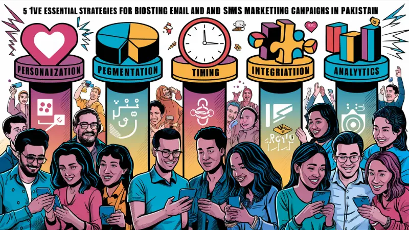 The image is an illustrated guide titled “5 Live Essential Strategies for Boosting Email and SMS Marketing Campaigns in Pakistan”. It features five key icons representing personalization, segmentation, timing, integration, and analytics. Below the icons, a group of people are depicted engrossed in their mobile phones, symbolizing the target audience of such campaigns.