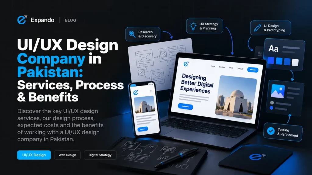 UI/UX design company in Pakistan showcasing website design, wireframes, and mobile app interfaces